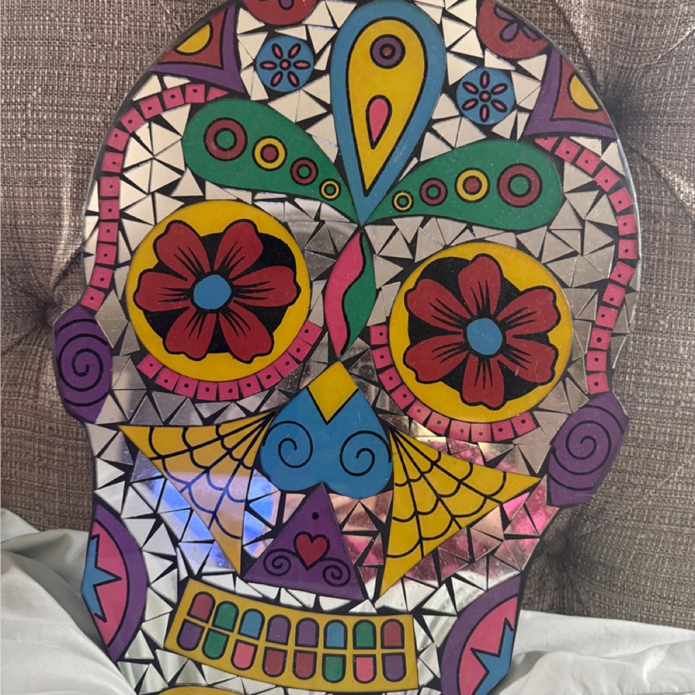 Vibrant Multicolor Sugar Skull Mosaic Mirror Wall Art